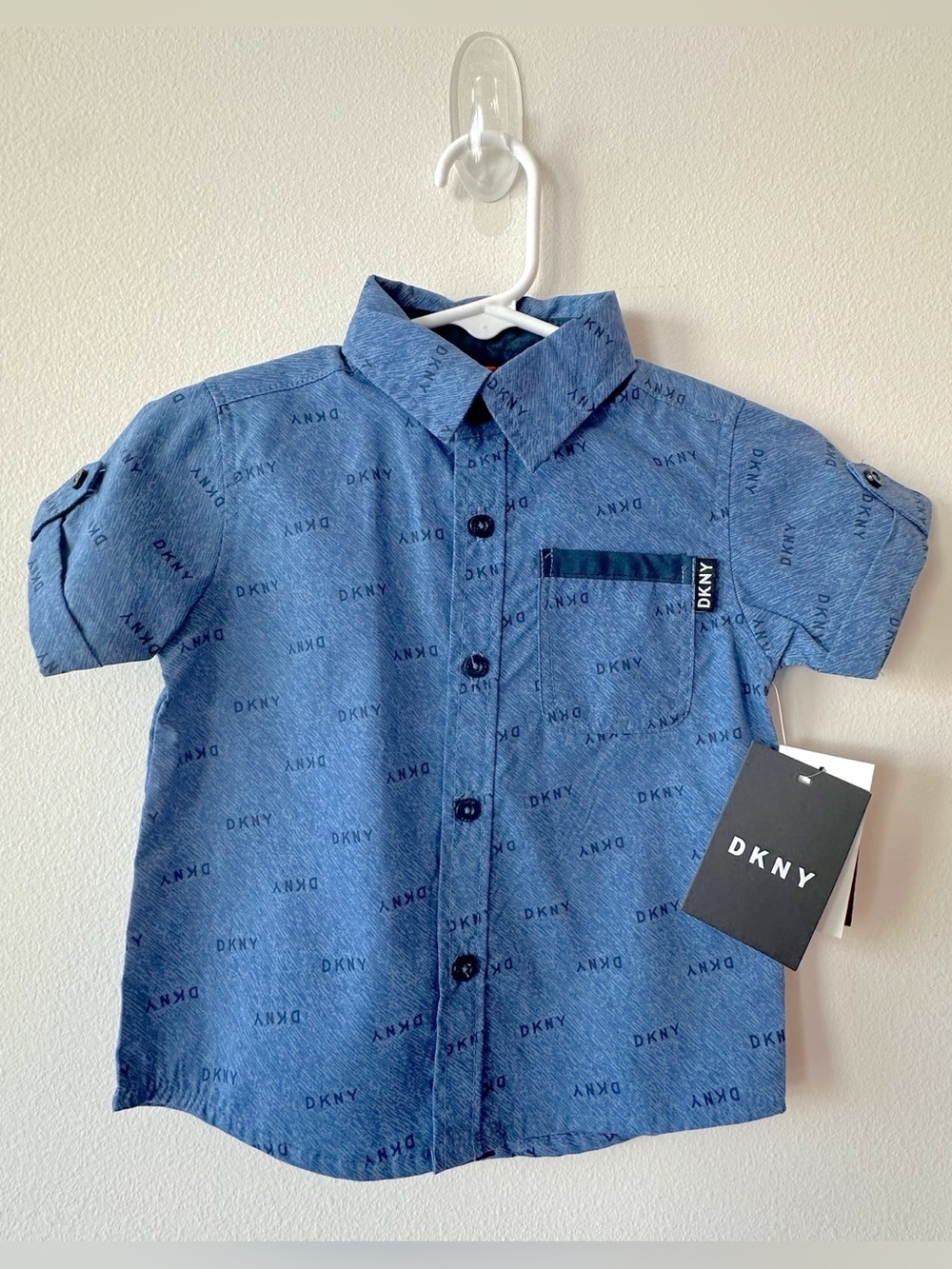 DKNY Boys Button-Up Shirt Blue Logo Print Collared Short Sleeve NWT 12M